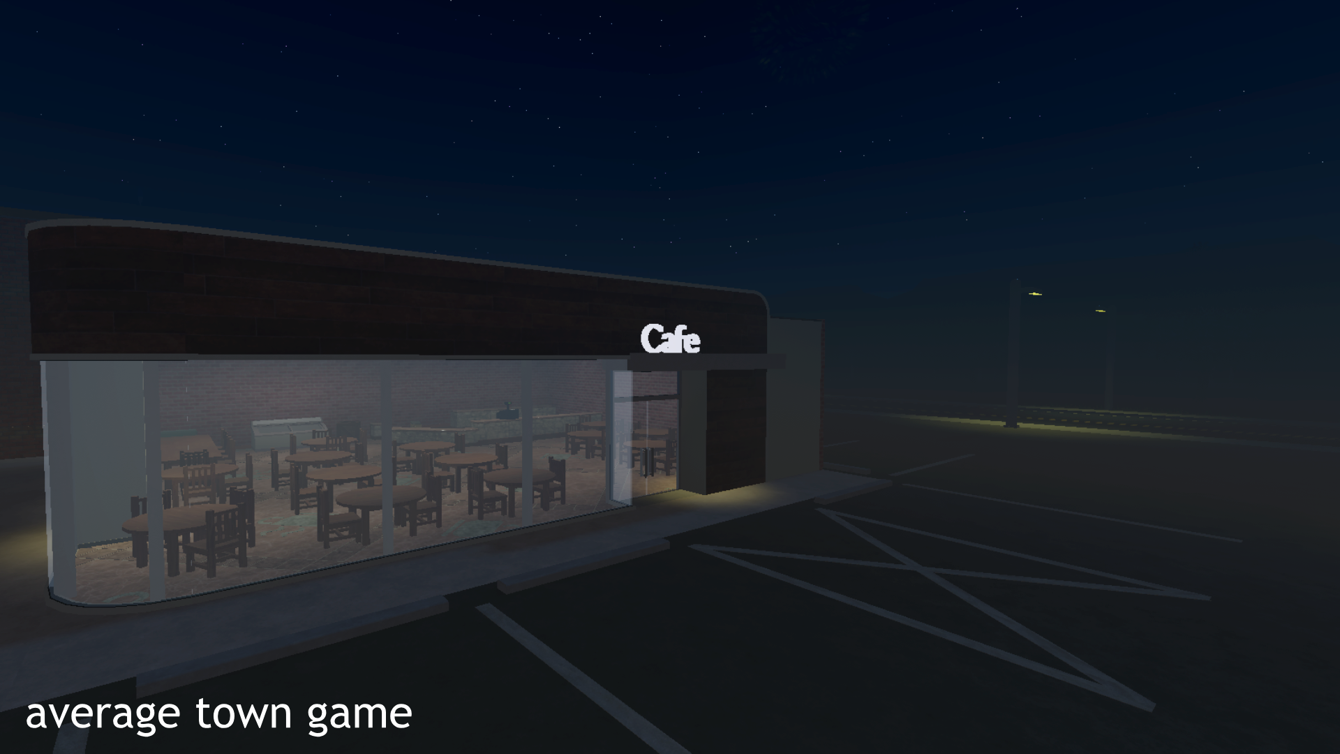 Exterior of a cafe building at night in a town simulation game.