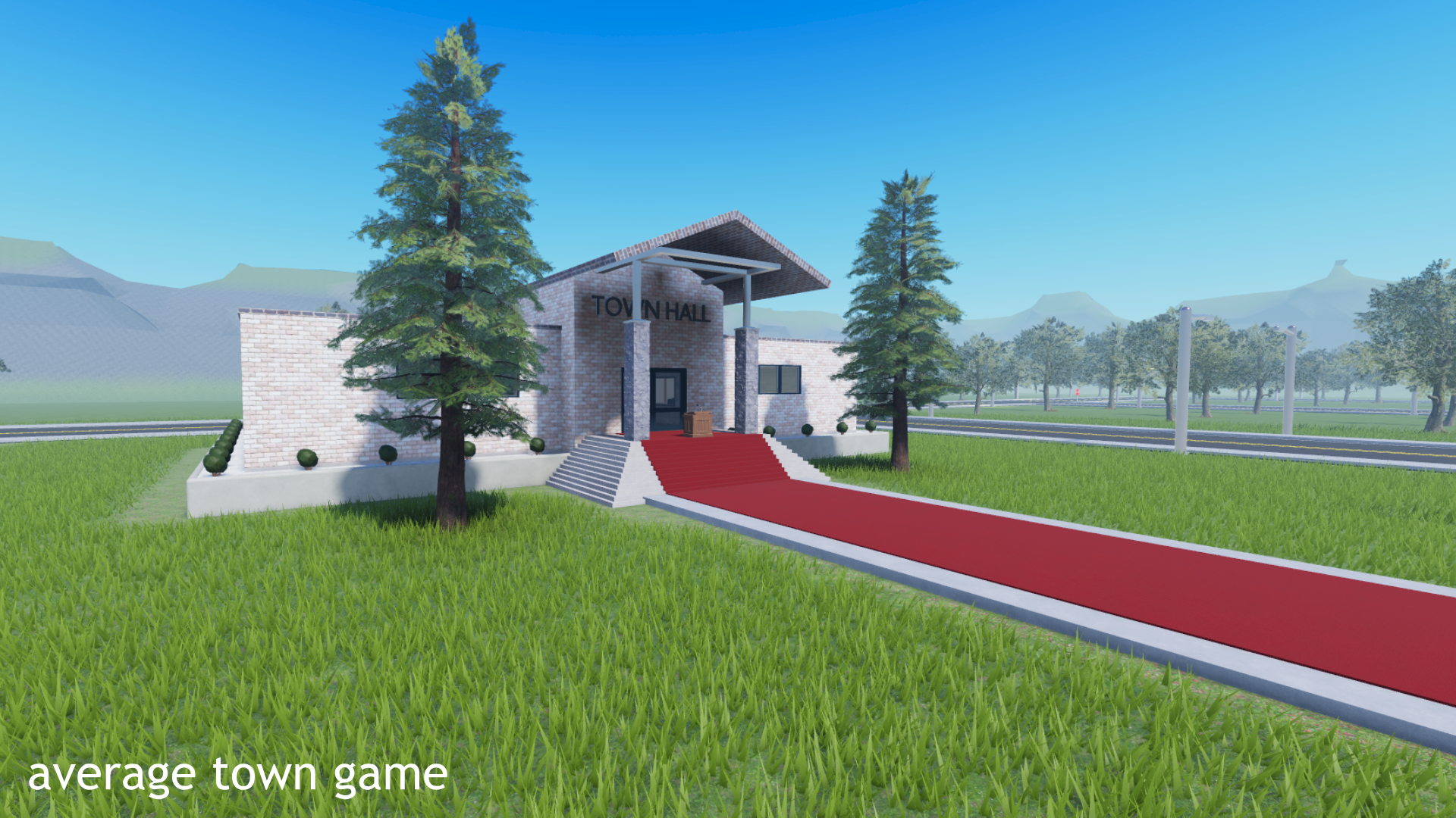 Exterior of a town hall building at day in a town simulation game.