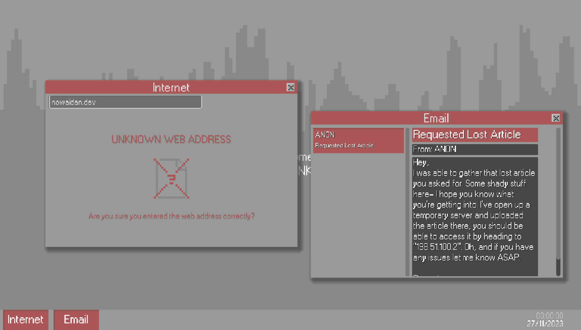 In-game screenshot showing a browser error for 'nowaidan.dev' and an email from 'ANON' about a lost article with access details.